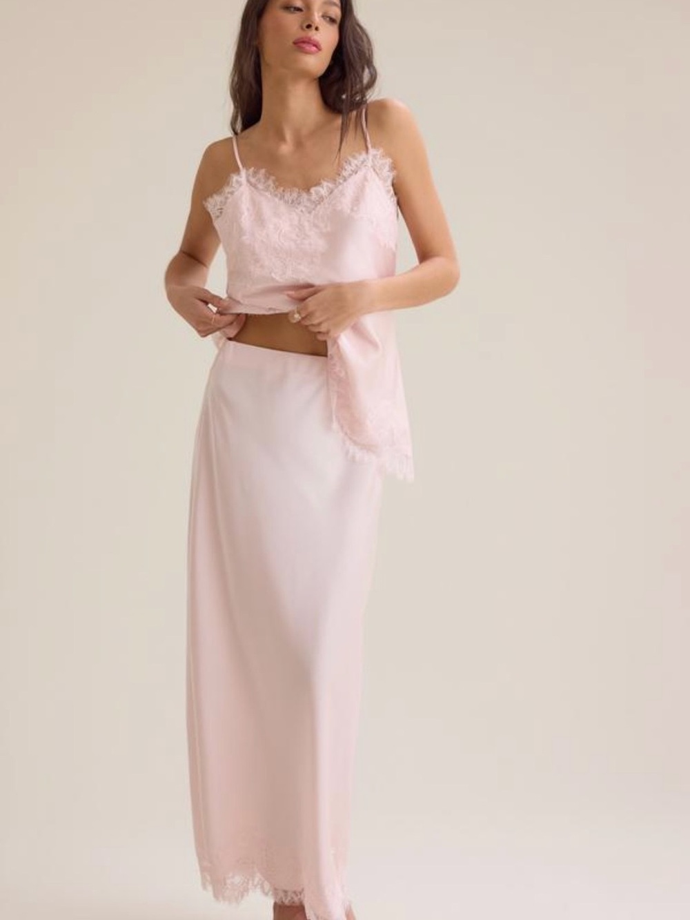 Altar'd State Pale Pink Lace-Trim satin Camisole & Maxi Slip Set